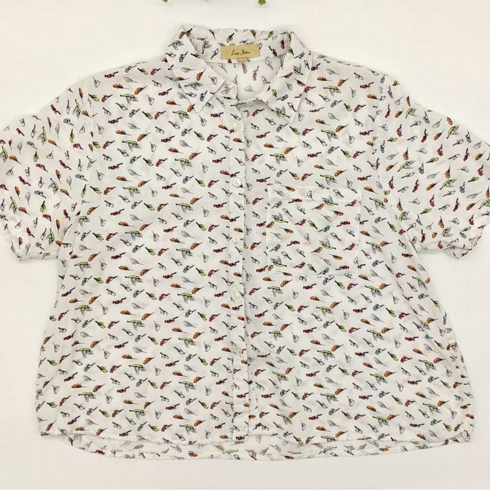 Love notes white birds button down cropped top size medium